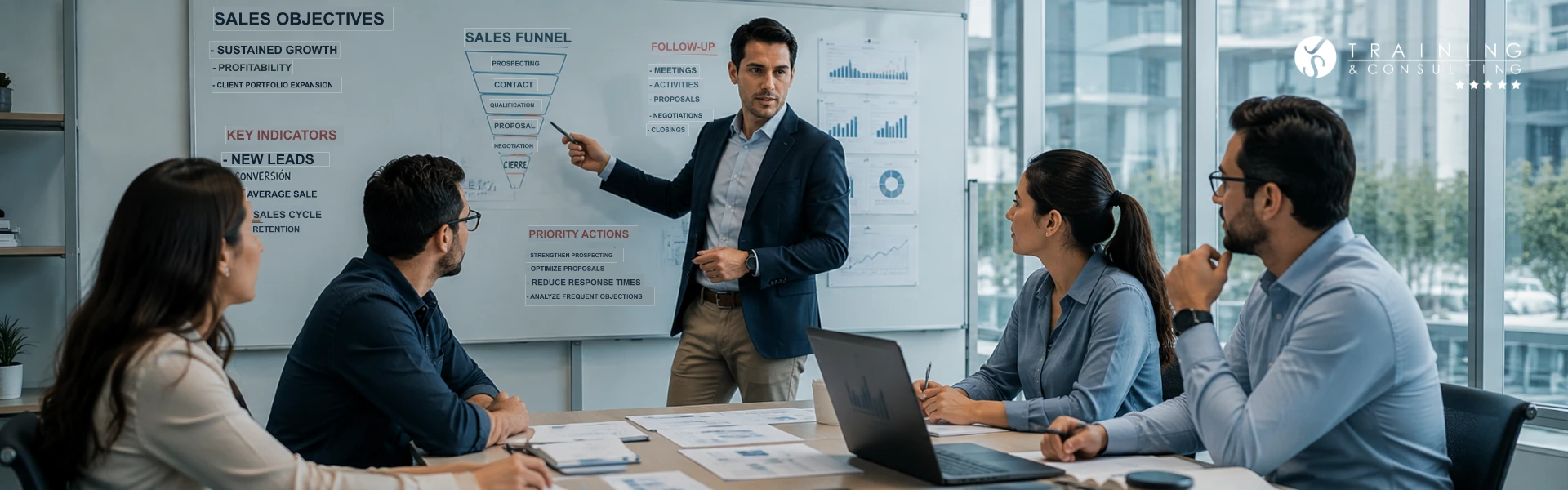 A consultant explaining a sales funnel chart on a board in front of a sales team.