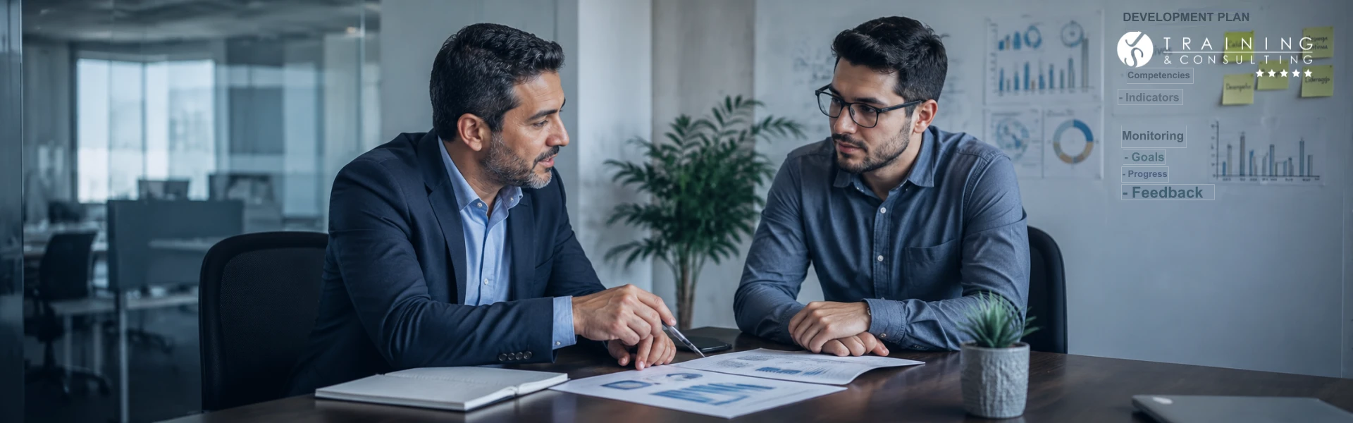 Two professionals talking about a work plan in a meeting room.