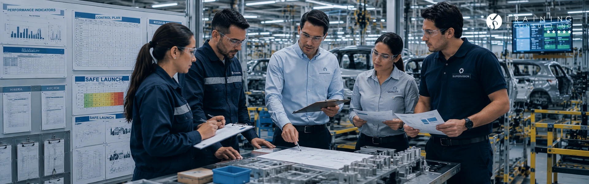 Quality and supervision team reviewing drawings and metal parts on the assembly line.