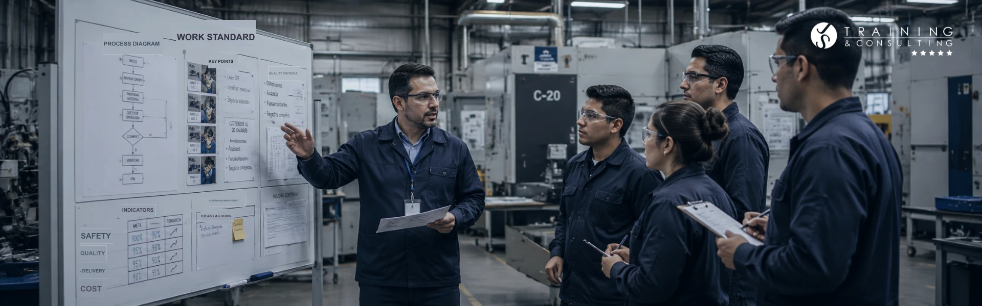 A supervisor explaining a board with work standards and quality indicators to their team on the plant floor.