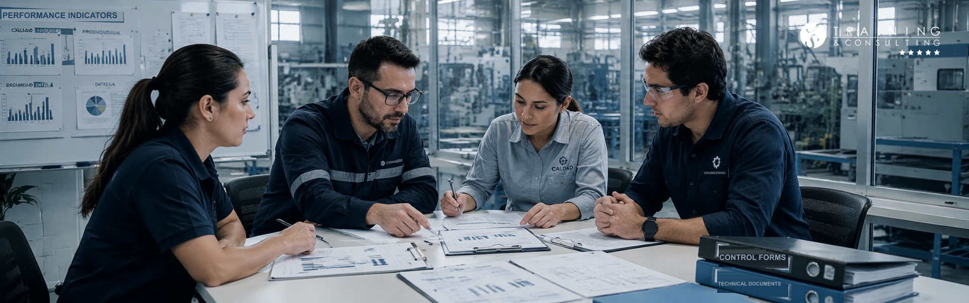 Four engineers and quality specialists analyzing performance reports at a work table.