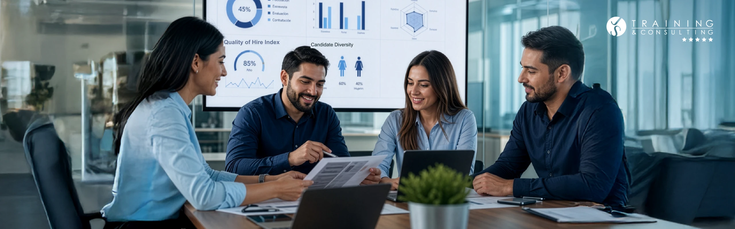 Recruiters and organizational psychologists gather at a table, analyzing hiring charts and candidate profiles on a digital screen in the background.