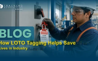 An industrial electrician wearing a white hard hat, safety glasses and gloves places a red padlock and danger tag on an electrical control panel in a factory.