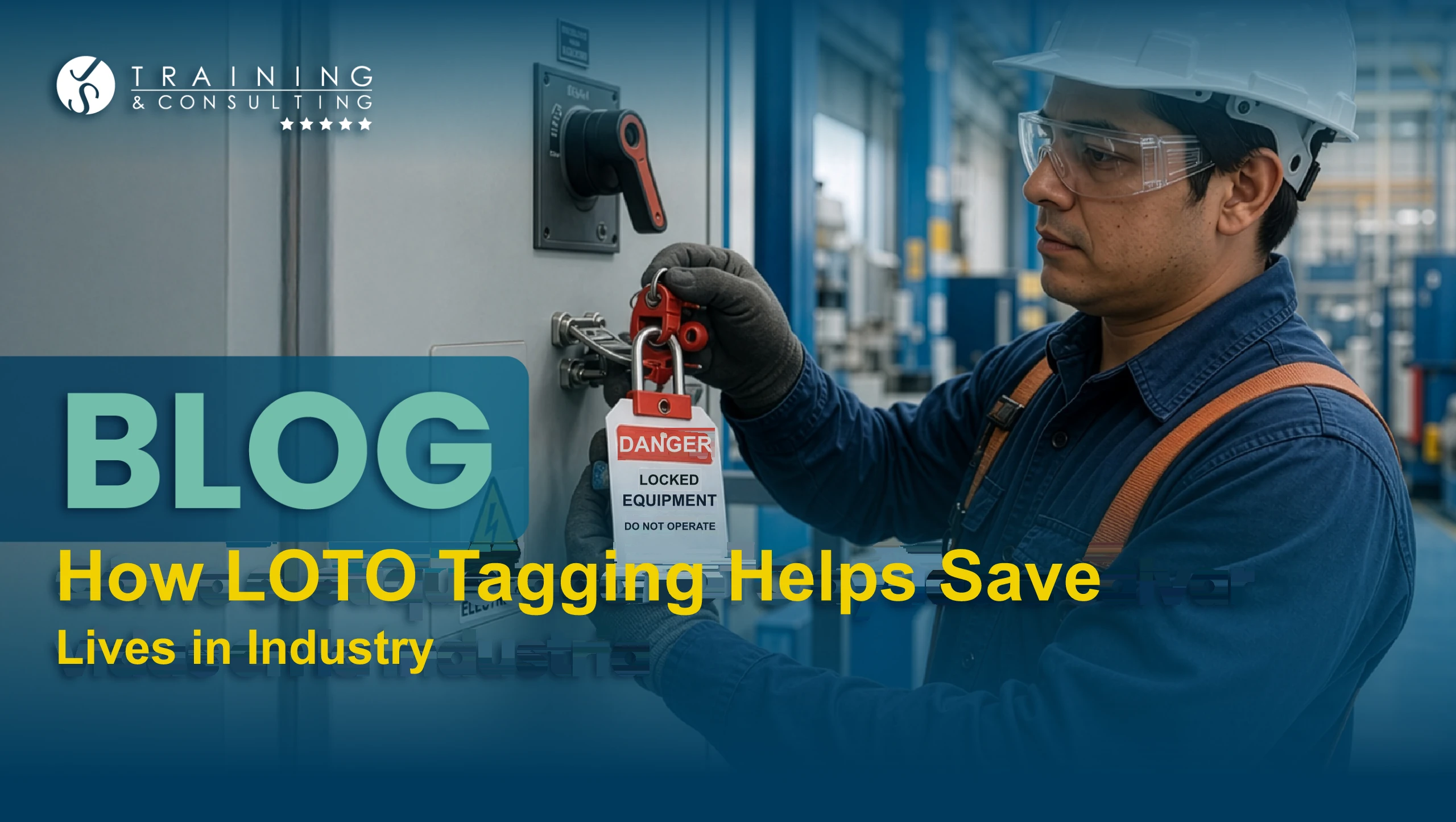 An industrial electrician wearing a white hard hat, safety glasses and gloves places a red padlock and danger tag on an electrical control panel in a factory.