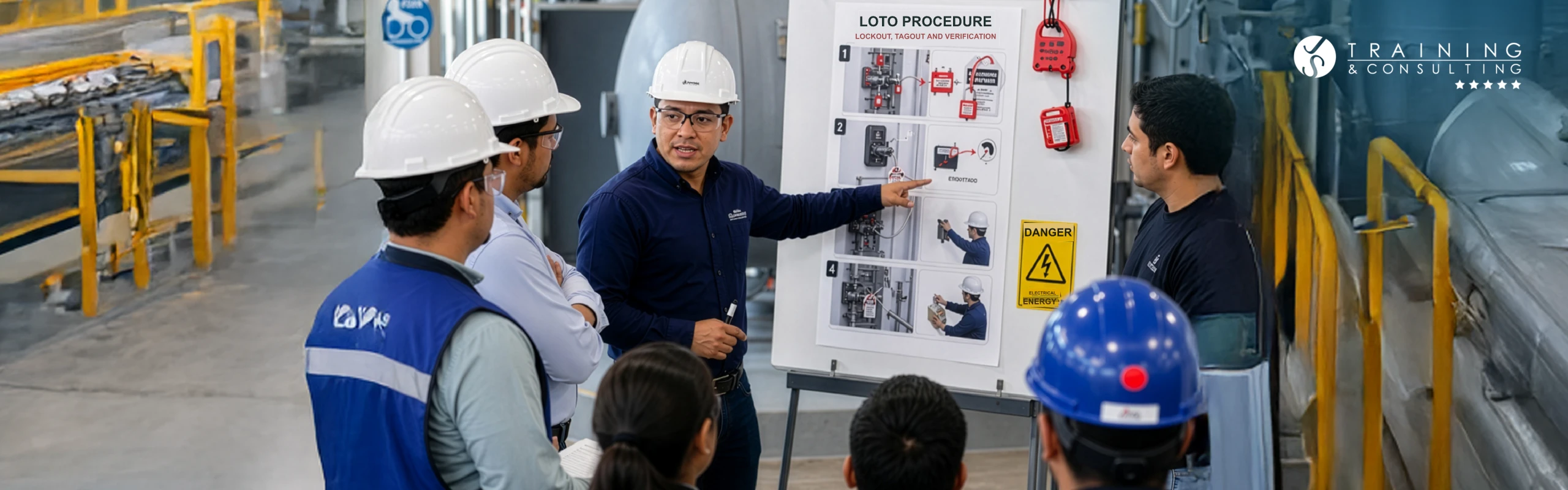 Industrial supervisor in a blue shirt and white hard hat delivering technical training to operators and safety personnel in uniforms and helmets, before a board with charts.