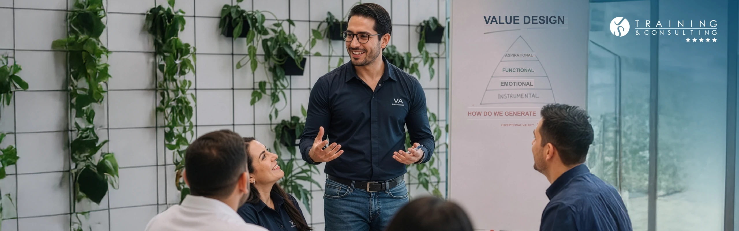 A facilitator wearing a black shirt explains a pyramid diagram on a whiteboard to colleagues in a corporate room decorated with plants.