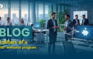 Professionals at a modern office. The main text in the image says "Blog. 4 pillars of a 360 ° wellness program."