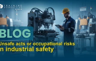 Promotional blog image showing an operator wearing a yellow hard hat and safety glasses in front of heavy industrial machinery. The text reads “Blog. Unsafe Act or Occupational Risk in Industrial Safety.”