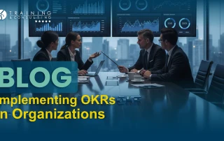 Executives gathered in a corporate boardroom analyzing metrics on digital screens. The text reads "BLOG: Implementing OKR in Organizations".