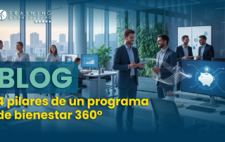 Profesionales en una oficina moderna. El texto principal en la imagen dice "Blog. 4 pilares de un programa de bienestar 360°".
