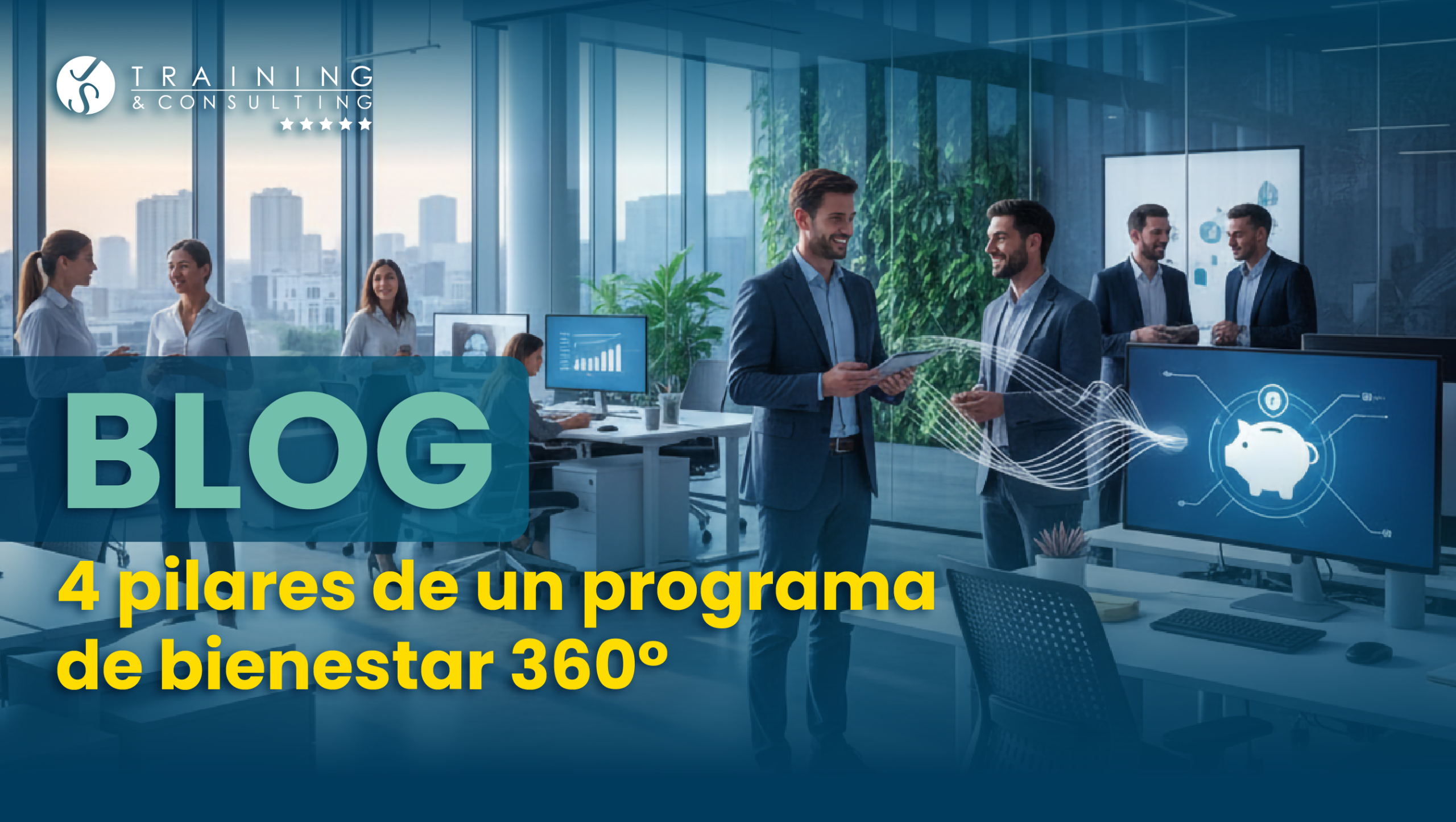 Profesionales en una oficina moderna. El texto principal en la imagen dice "Blog. 4 pilares de un programa de bienestar 360°".