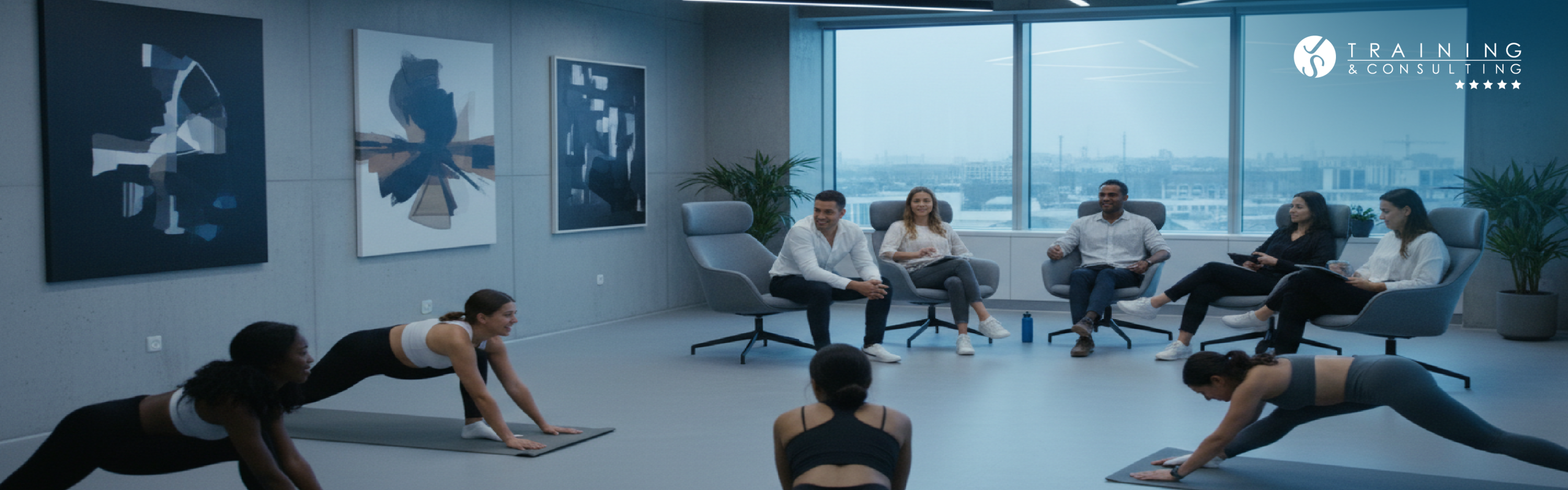 Empleados en una oficina participando en una sesión de yoga y estiramientos con esterillas, guiados por instructores mientras otros compañeros observan desde sus asientos.