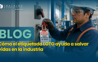 Electricista industrial con casco blanco, gafas y guantes colocando un candado rojo y una etiqueta de peligro en un panel de control eléctrico en una fábrica.
