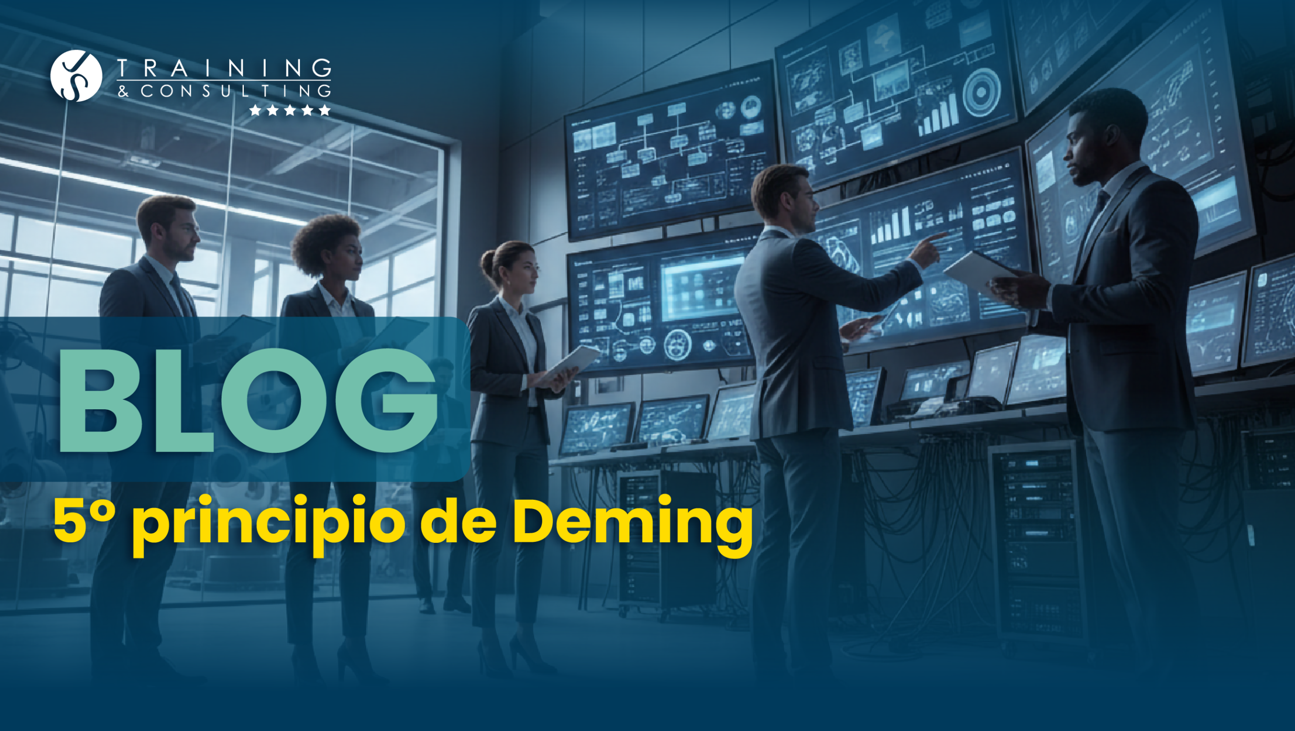 Equipo diverso de profesionales en una sala de control de alta tecnología con múltiples pantallas de datos, representando mejora continua.