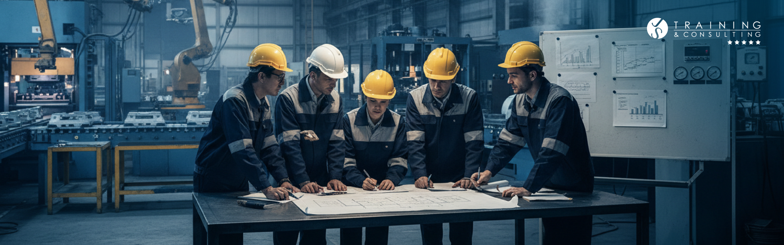 Equipo técnico y operativo con uniformes corporativos y cascos amarillos de seguridad, reunido alrededor de una mesa de taller analizando planos técnicos detallados de maquinaria industrial frente a una pizarra con gráficos operativos de rendimiento.