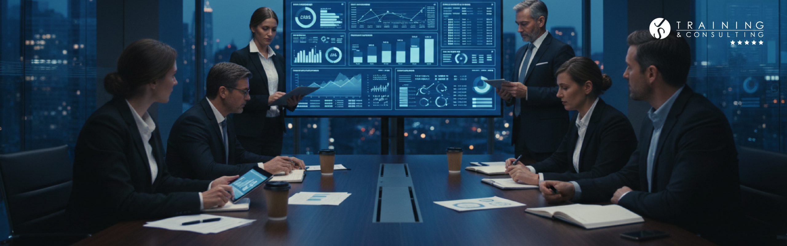 Equipo ejecutivo de reunido en una sala de juntas moderna, colaborando con portátiles y una pantalla gigante con gráficos financieros detallados y un mapa global, representando la gestión sistémica de la calidad.
