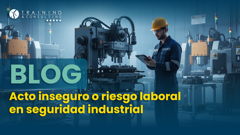 Imagen promocional de blog con un operario usando casco amarillo y gafas de seguridad frente a maquinaria industrial pesada. El texto dice "Blog. Acto inseguro o riesgo laboral en seguridad industrial".