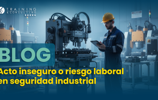 Imagen promocional de blog con un operario usando casco amarillo y gafas de seguridad frente a maquinaria industrial pesada. El texto dice "Blog. Acto inseguro o riesgo laboral en seguridad industrial".
