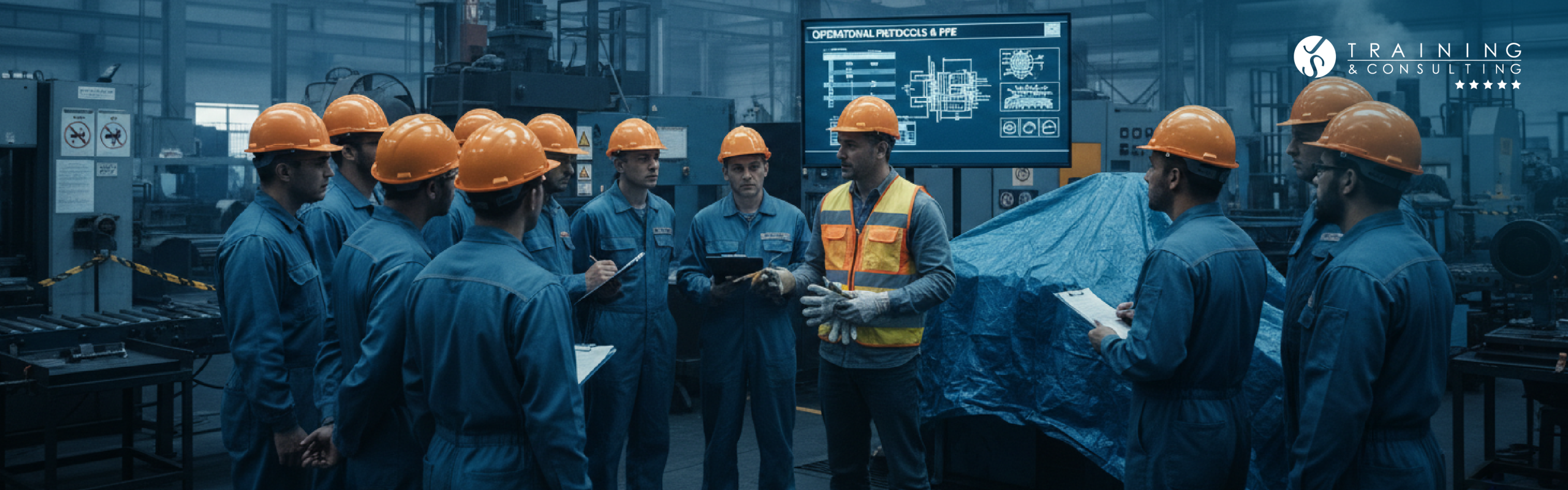 Un supervisor con casco naranja imparte una charla de seguridad a un grupo de operarios con uniformes y cascos dentro de una planta industrial, frente a una pantalla con protocolos.
