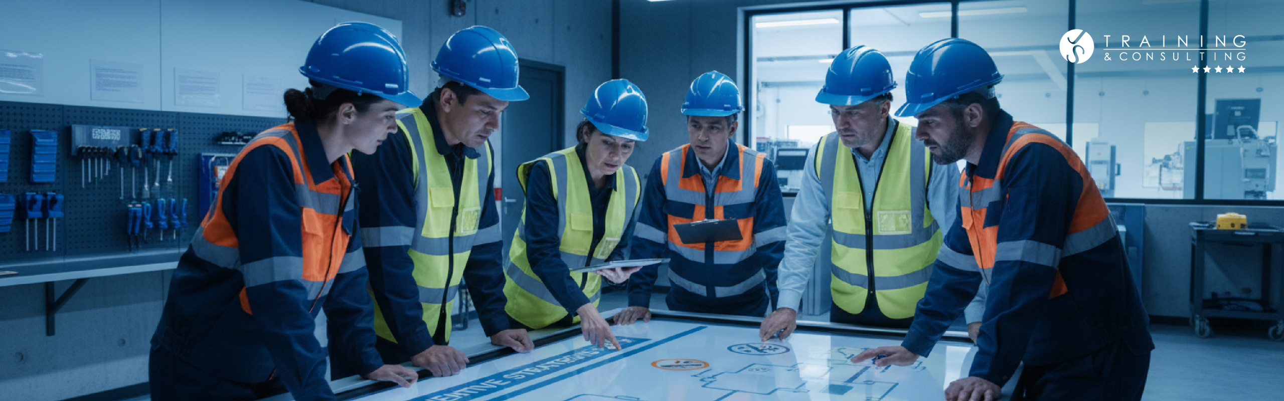Equipo de ingenieros y operarios con cascos azules y chalecos reflejantes analizan un plano digital de prevención de riesgos sobre una mesa interactiva en un taller.