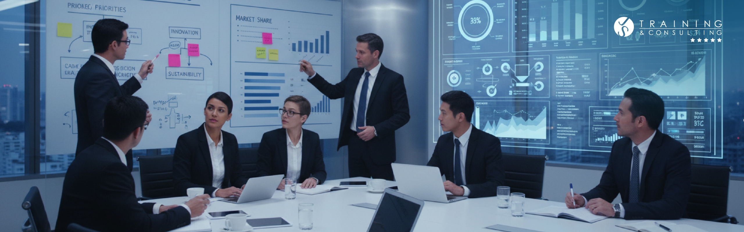 Equipo de trabajo en una sala de conferencias con un pizarrón lleno de esquemas sobre innovación y sostenibilidad, al lado de una pantalla con gráficos estadísticos.