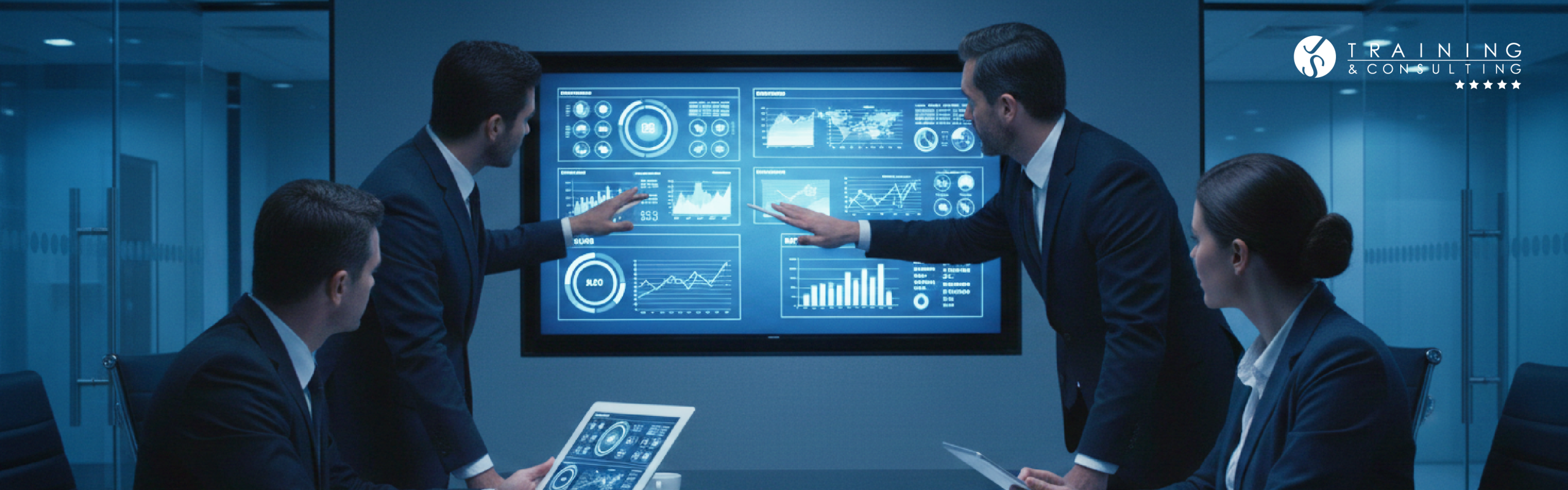 Ejecutivos de traje analizan de cerca un panel de control digital interactivo repleto de tableros financieros, mapas y gráficas en una oficina tecnológica.