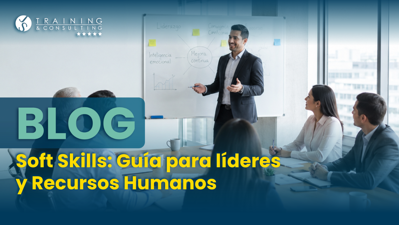 Presentador exponiendo en una pizarra sobre inteligencia emocional y liderazgo ante su equipo.