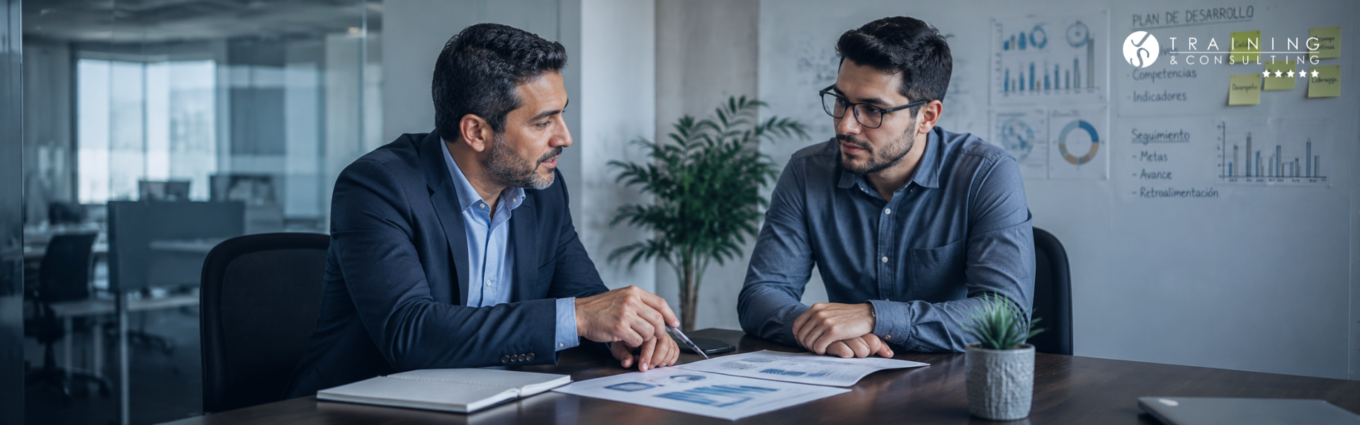 Dos profesionales conversando sobre un plan de trabajo en una sala de reuniones.