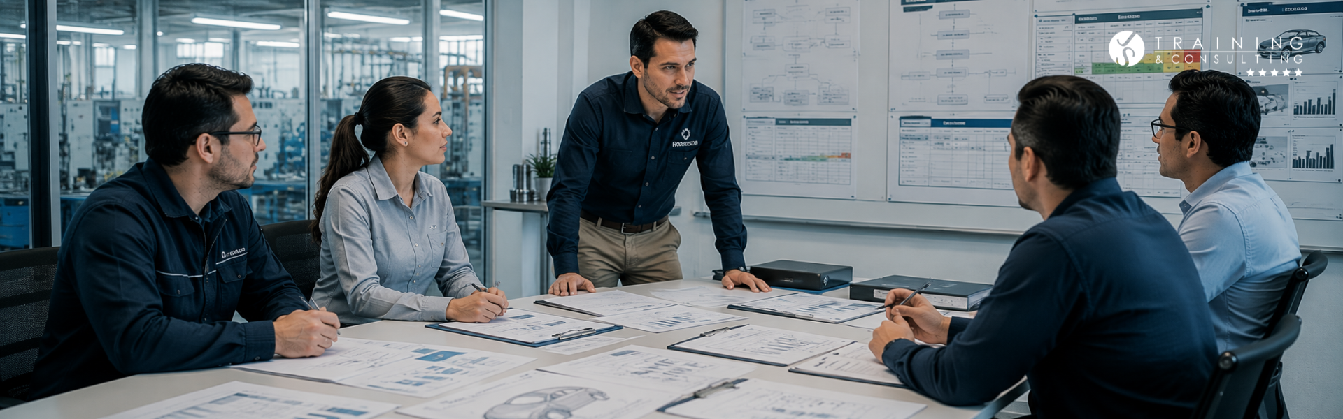 Grupo de ingenieros y especialistas analizando diagramas de flujo y planos en una mesa de reuniones.