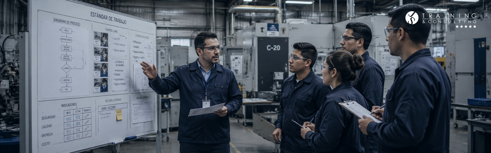 Supervisor explicando a su equipo en planta el tablero con estándares de trabajo e indicadores de calidad.