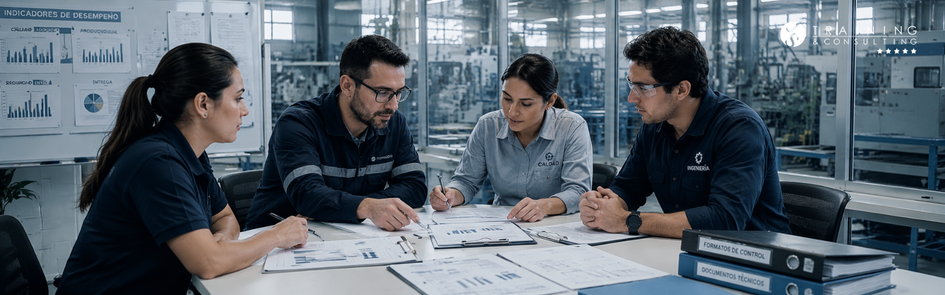 Cuatro ingenieros y especialistas de calidad analizando informes de desempeño sobre una mesa de trabajo.