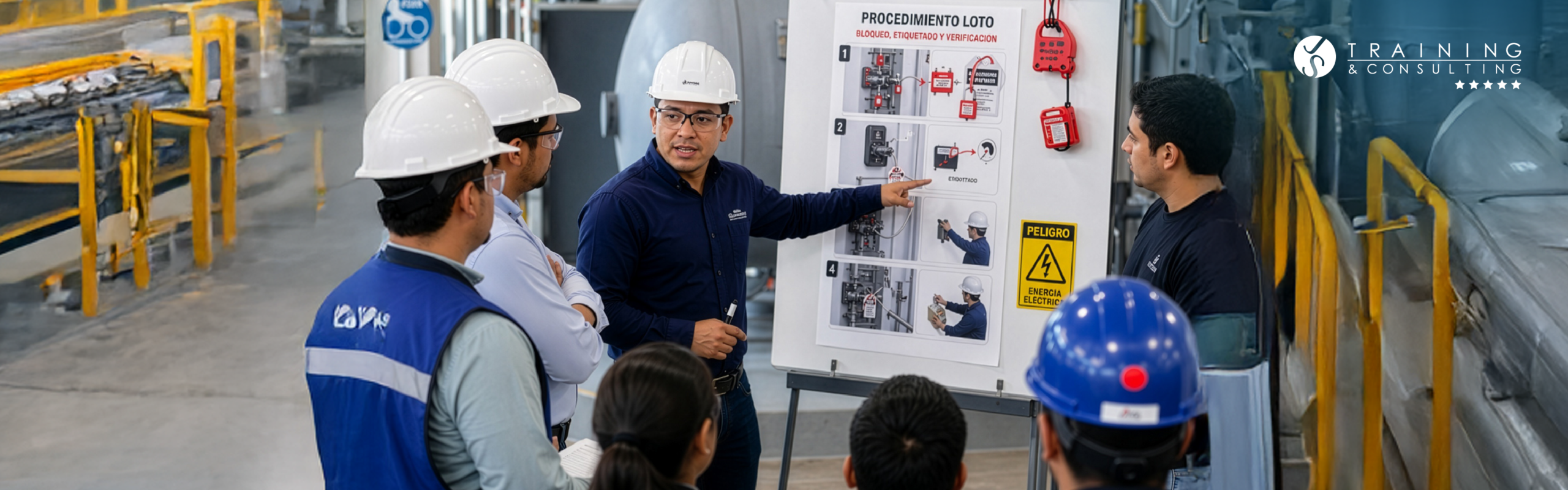 Supervisor industrial con camisa azul y casco blanco imparte una capacitación técnica a un grupo de operarios y personal de seguridad con uniformes y cascos, frente a un pizarrón con gráficos.