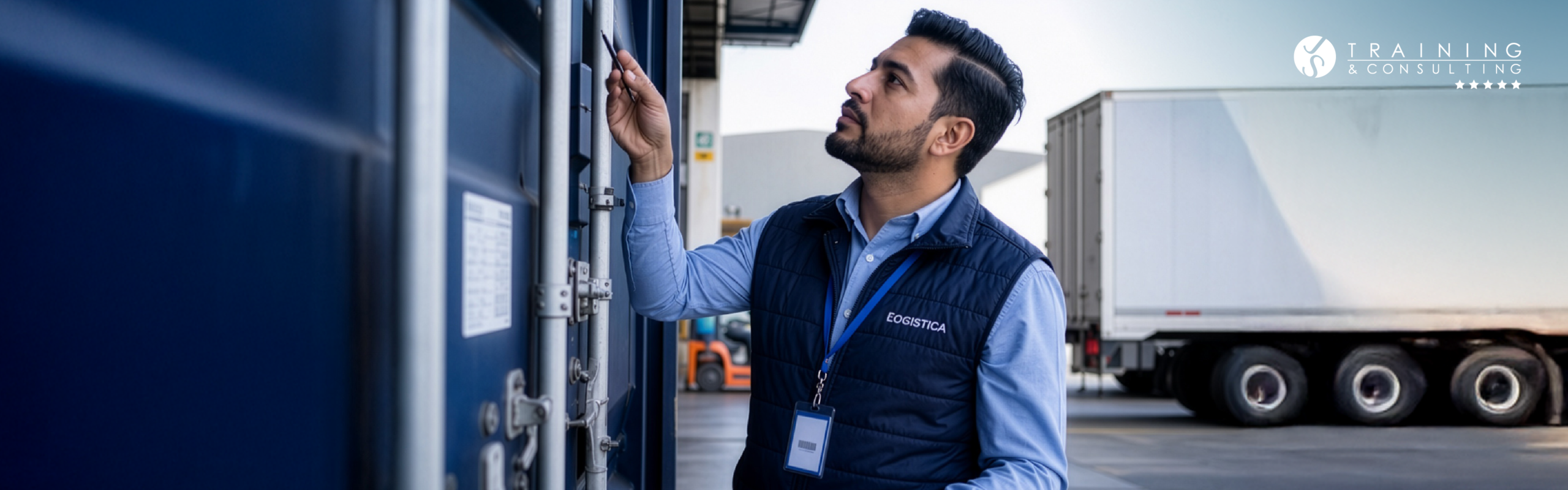 Inspector de seguridad logística con chaleco azul marino inspecciona minuciosamente un contenedor de carga azul, con camiones de distribución al fondo en un patio logístico.