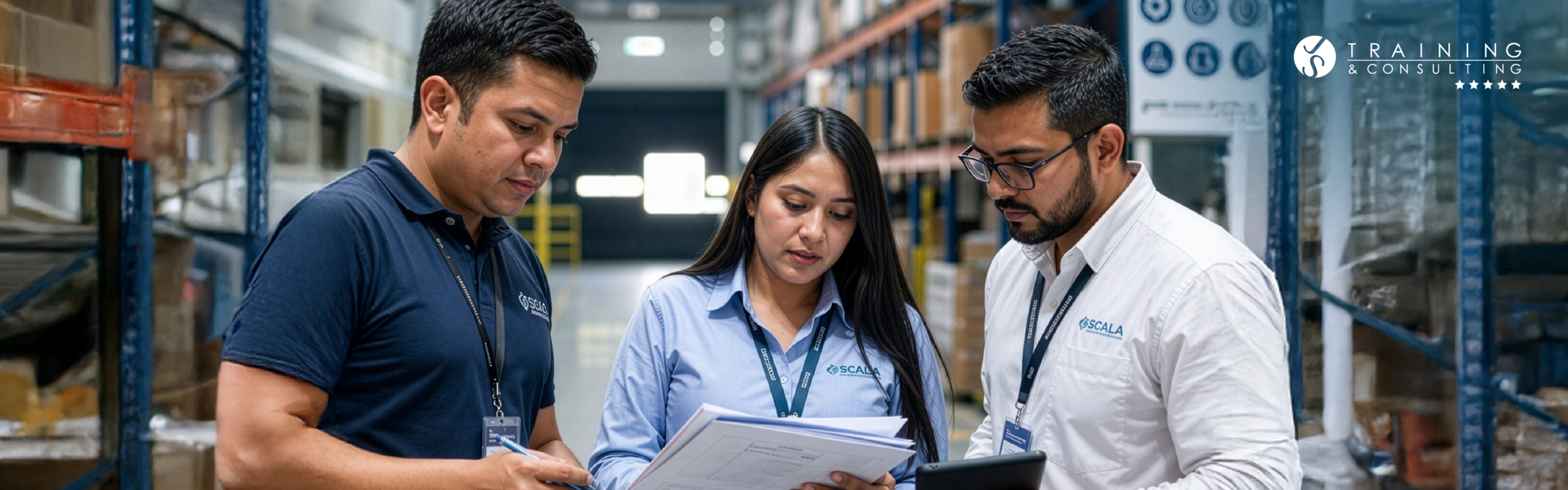 Tres auditores de logística, dos hombres y una mujer con uniformes y gafetes, revisan carpetas corporativas y una tableta digital entre pasillos de racks y estanterías pesadas de un gran almacén industrial.