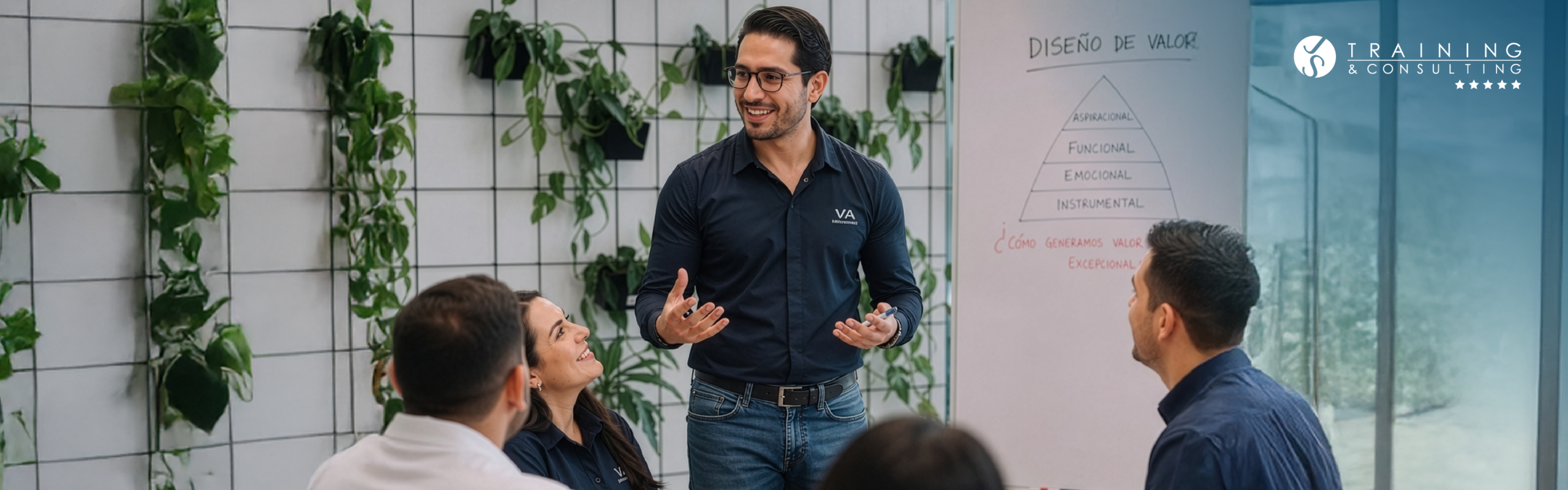 Facilitador con camisa negra explica un diagrama de pirámide en un pintarrón frente a sus colaboradores en una sala corporativa decorada con plantas.