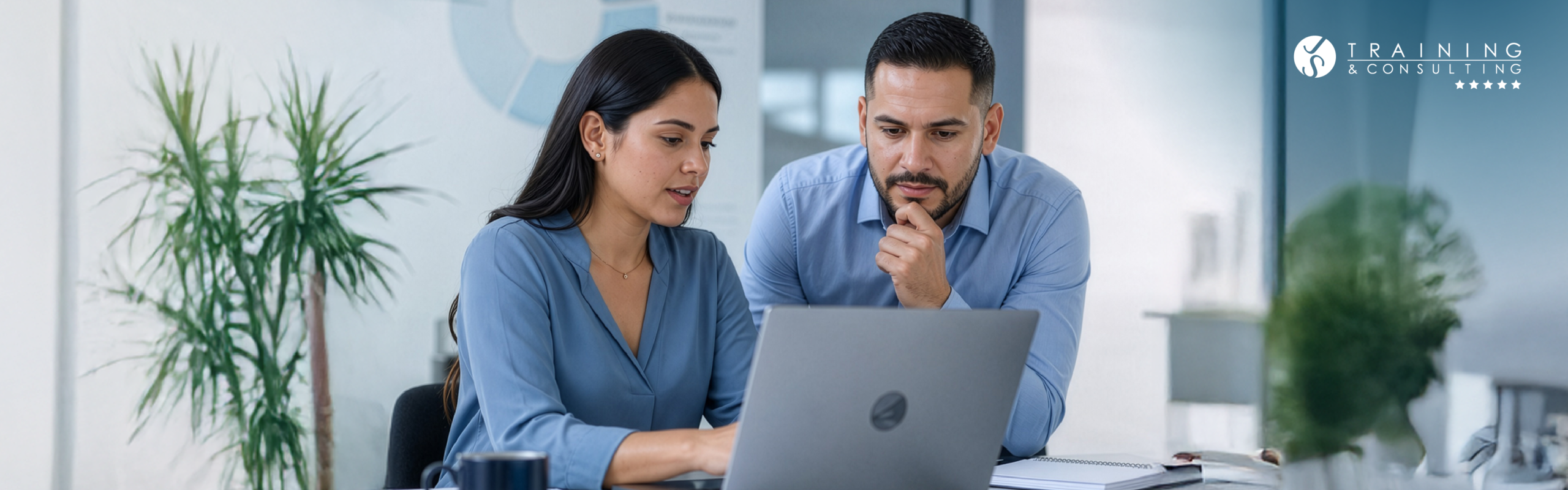 Una mujer y un hombre de negocios analizan con seriedad y concentración la pantalla de una laptop gris sobre un escritorio de oficina moderno.